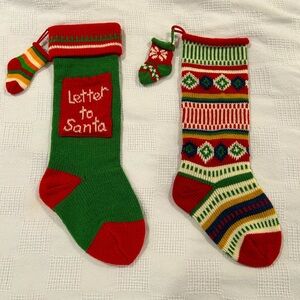 Vintage knit crochet Christmas stocking set of‎ 2 red green